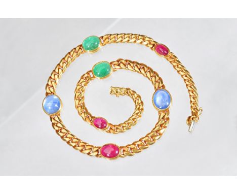 A Bvlgari gold, sapphire, ruby and emerald necklace, in a graduated curved curb link design, mounted with two cabochon sapphi