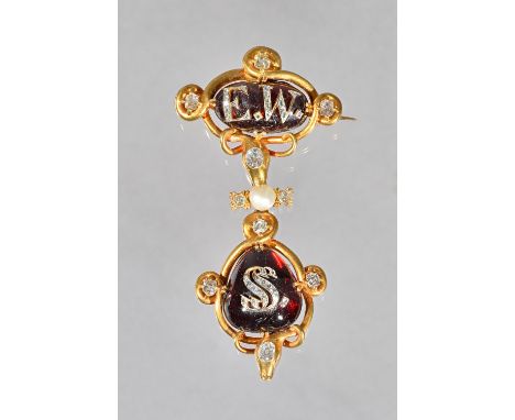 A Victorian gold, diamond, carbuncle garnet and pearl set brooch, the top mounted with a cushion shaped carbuncle garnet appl