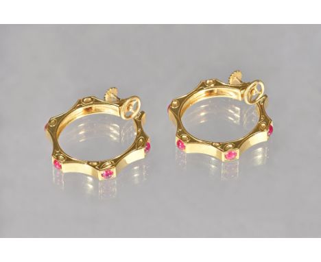 A Cartier pair of gold and cabochon ruby pendant earrings, each of hoop shaped form, mounted with five cabochon rubies at int