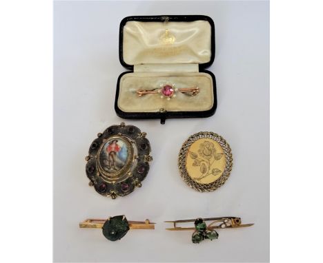 A gold, pink tourmaline and seed pearl bar brooch, with an Asprey London case, a bar brooch mounted with a scarab beetle, a g