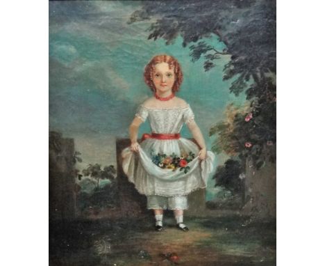 English Provincial School (19th century), Portrait of a girl in a landscape, holding flowers in her skirt, oil on canvas, 33c