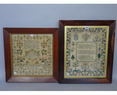 A rosewood framed sampler, Jane Alice Radford 1836, 43cm wide x 51cm high, together with another Mary Ann Davey Uplyme, 43cm 