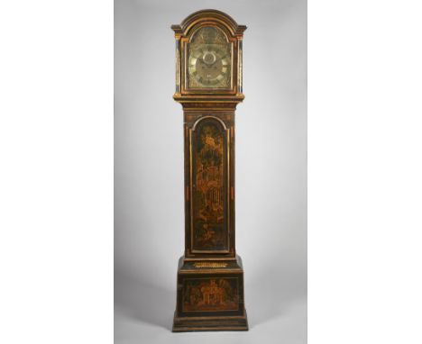 A GEORGE III PARCEL-GILT GREEN LACQUER CHINOISERIE LONGCASE CLOCKThe movement by William Rout, London, circa 1760The arched c