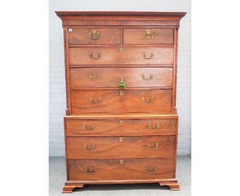 A George III mahogany chest on chest, with two short and six long graduated drawers on ogee bracket feet, 126cm wide x 183cm 