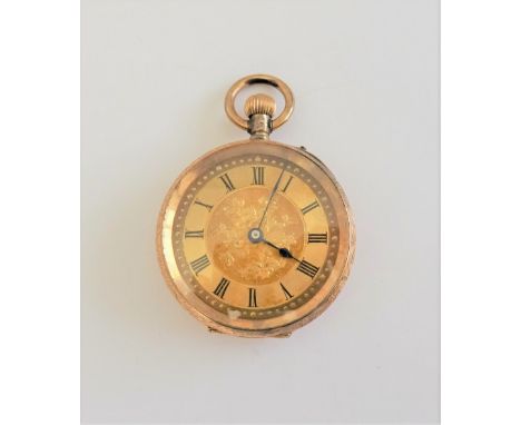 A lady's gold cased, keyless wind, openfaced fob watch, with a gilt cylinder movement, base metal inner case, the floral engr