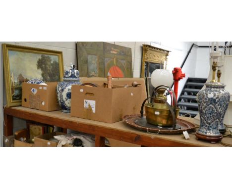 A large quantity of mixed ceramics, copper wares, oil lamp, a pair of modern table lamps with shades, etc