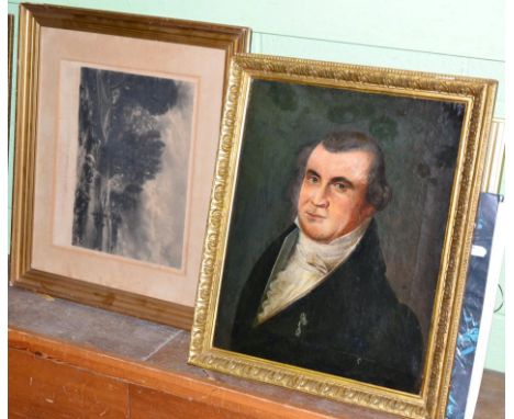 Portrait of a gentleman, oil on canvas, together with a black and white engraving ''The Young Waltonians'' 