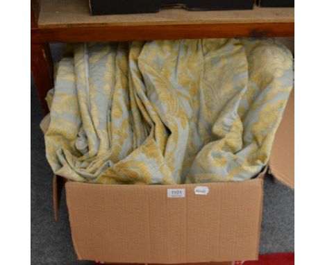 Two pairs of duck egg blue jacquard style curtains, each with approximately 250cm drop, with four matching tie backs