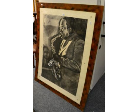 Neil Gillie (20th century), Charlie Parker playing saxophone, signed, dated '89, charcoal 145cm by 109cm