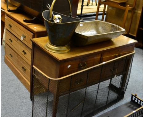 An early leather inset oak desk, two occasional chairs, a small oak dressing table, a three height chest of drawers, a mahoga