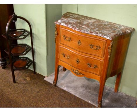 A reproduction French two drawer marble topped Kingwood commode and a 19th century mahogany cake stand
