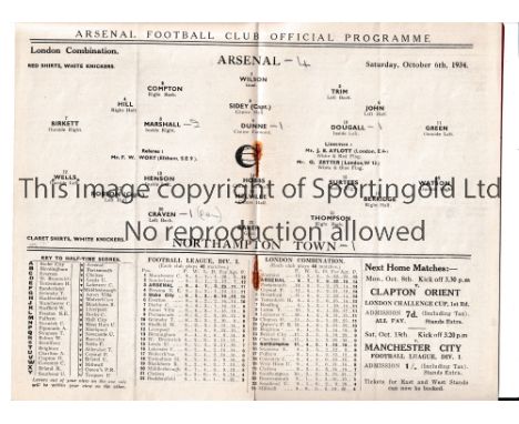 ARSENAL Programme for the home London Combination match v Northampton Town 6/10/1934, very slight vertical crease and scores 