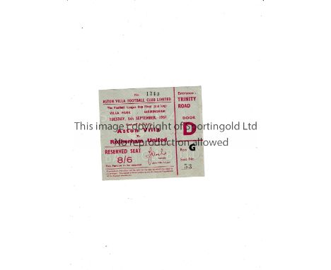 1961 LEAGUE CUP FINAL Ticket for the 2nd Leg at Aston Villa at home v Rotherham United 5/9/1961, slightly creased and very sl