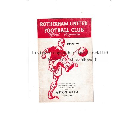 1961 LEAGUE CUP FINAL Programme for Rotherham United at home v Aston Villa 22/8/1961, being the first ever. Generally good