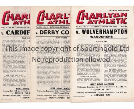 CHARLTON ATHLETIC Thirteen programmes for the 1952/3 season: 8 homes v Wolves, Derby, Cardiff, Sheff. Weds., Blackpool, Man. 