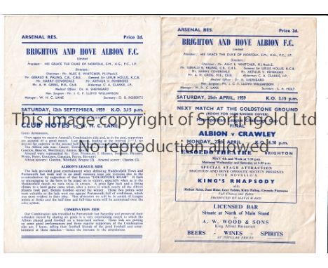 BRIGHTON RESERVES V ARSENAL RESERVES Three programmes for matches at Brighton on 25/4/59 folds, 12/9/59, 3/9/60 slight fold. 