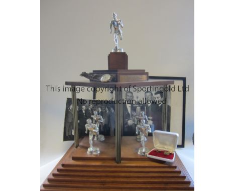 RHYMNEY AWARDS FOR COLLECTION ONLY Large 20" X 17" wooden trophy with a single athlete at the top and 4 athletes underneath i