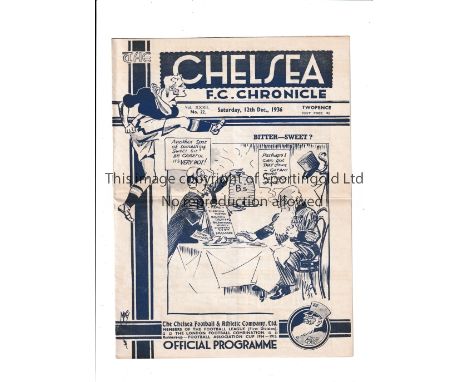 CHELSEA Programme for the home League match v Brentford 12/12/1936, horizontal crease. Generally good