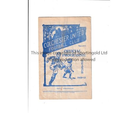 COLCHESTER UNITED 1950/1 Programme for the home League match v Exeter City 7/10/1950 in their first League season, staples re