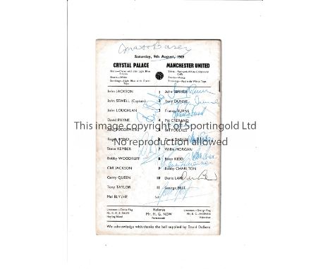 MANCHESTER UNITED AUTOGRAPHS 1969 Away programme v Crystal Palace 9/8/1969 with 12 autographs on the line-up page on the back