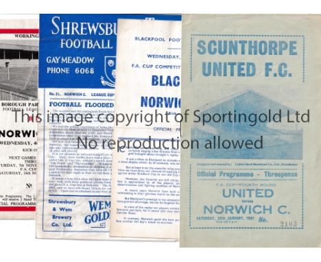 NORWICH CITY Four away programmes for Cup tie: FA Cup v Scunthorpe United 60/1 and Single sheet v Blackpool 6/3/1963, writing