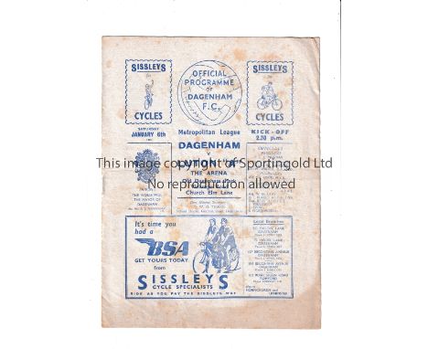DAGENHAM V LUTON TOWN 1951 Programme for the Metropolitan League match at Dagenham on 6/1/51. Slight marks and score on the t