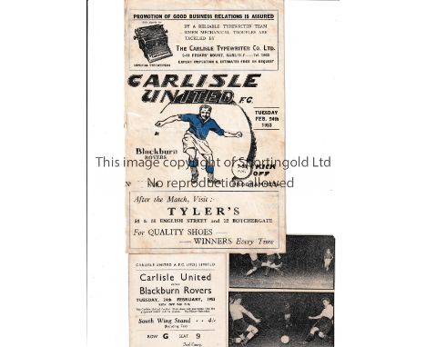 CARLISLE UNITED V BLACKBURN ROVERS 1953 Programme, staple removed and slight horizontal crease, ticket and newspaper cutting 