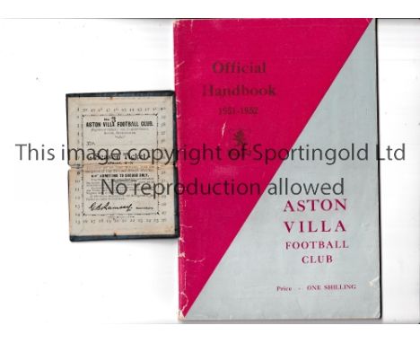 ASTON VILLA 1895/6 Season ticket card, price 6 shillings. Very slightly worn. Plus a Handbook for the 1951/2 season with slig