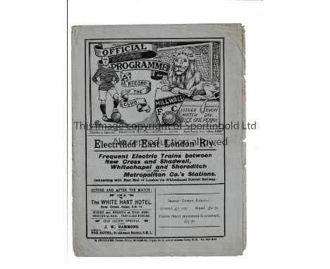 MILLWALL 1920/1 / FIRST LEAGUE SEASON Programme for the Practice Match 21/8/1920 in their first season after being elected to