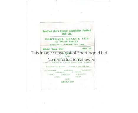 BRADFORD PARK AVENUE V LINCOLN CITY 1960 LEAGUE CUP Single card programme for the Replay at Bradford 19/10/1960 in the first 