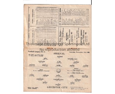 ARSENAL Programme for the home League match v Leicester City 19/11/1938, very slightly creased. Generally good