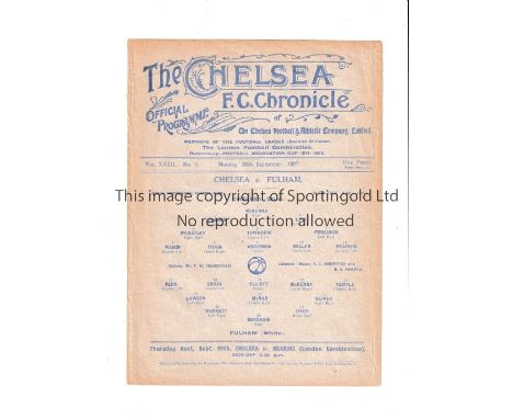 CHELSEA Single sheet home programme v Fulham London Professional Charity Fund 26/9/1927. Ex Bound Volume. Generally good 