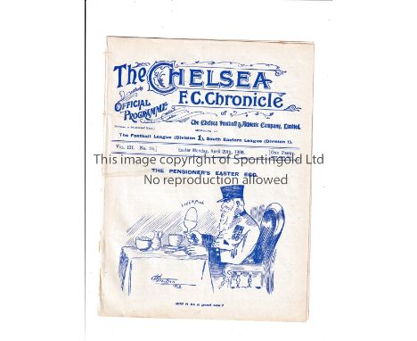 CHELSEA Programme for the home League match in their 3rd season v Liverpool 20/4/1908, ex-binder. Generally good