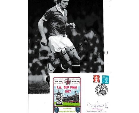 JIMMY GREENHOFF / AUTOGRAPHS A signed 10" X 8" b/w photo of Greenhoff in Manchester United kit. Includes a COA from Legends a