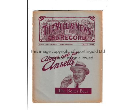 ARSENAL Programme for the away League match v Aston Villa 30/3/1935. Arsenal Championship season. Tape on the inside of the s