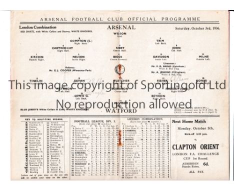 ARSENAL Programme for the home London Combination match v Watford 3/10/1936, very slight vertical crease and staples rusted a