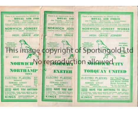 NORWICH CITY Six home programmes in 1951/2 season v Arsenal FA Cup, Torquay, team changes and scores entered, Orient, Exeter,