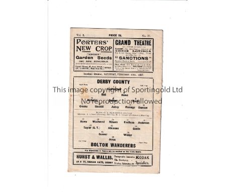 DERBY COUNTY V BOLTON WANDERERS 1937 Programme for the League match at Derby on 13/2/37. Slight marks and rusty staple, small