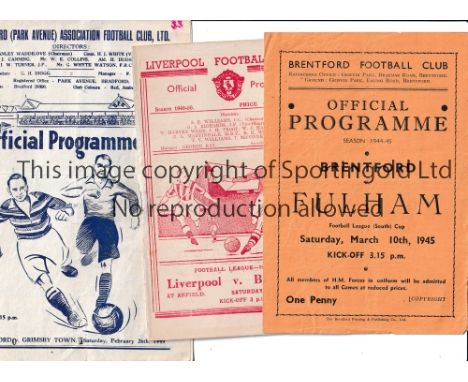 1940'S FOOTBALL PROGRAMMES Five programmes: Liverpool v Bolton W 10/9/1949, spine repaired, Brentford v Fulham 10/3/1945, Bra