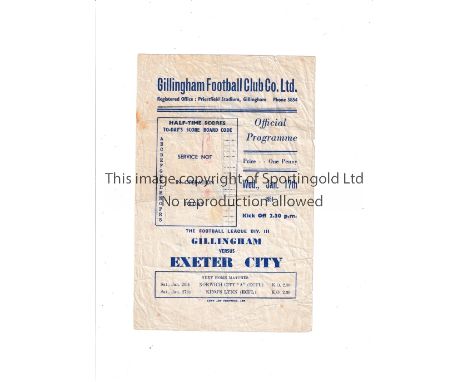 GILLINGHAM 1950/1 Single sheet programme for the away League match v Exeter City 7/2/1951 in their return season to the Footb