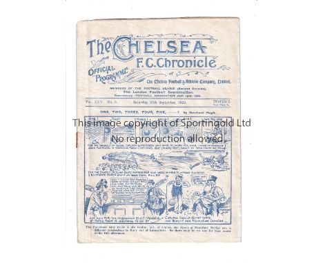 CHELSEA Programme for the home League match v Tottenham Hotspur 28/9/1929, slight horizontal crease and team changes. General