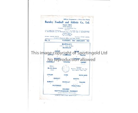 BURNLEY V NOTTINGHAM FOREST 1961 Single sheet programme for the League Cup tie at Burnley on 10/1/1961, slightly creased and 
