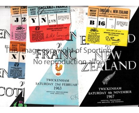RUGBY UNION / NEW ZEALAND ALL BLACKS Four England home programmes with tickets v France 1963 and 1965 with 2 tickets, Scotlan
