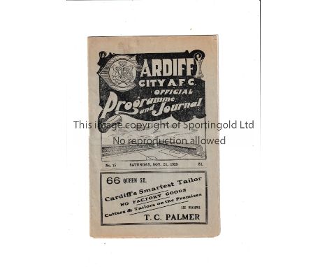 CARDIFF CITY V NEWCASTLE UNITED 1925 Programme for the League match at Cardiff 21/11/1925, clear tape at the top of page 7/8.