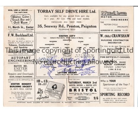 LEYTON ORIENT AUTOGRAPHS 1951 Away programme v Exeter City 13/1/1951 signed by all 11 players on the line-up page. Good
