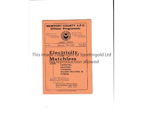 NEWPORT COUNTY V IPSWICH TOWN 1939 Programme for Ipswich's first League season at Newport on 18/2/39. The staple has been rem