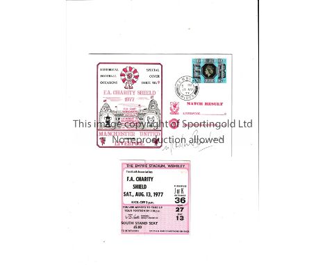 1977 CHARITY SHIELD Scarce First Day Cover for Manchester United v Liverpool date stamped Wembley 13/8/1977 and signed by Mar