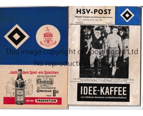 BURNLEY Two away programmes for the European Cup tie v Hamburg SV 15/3/1961. Official programme has a split at the top of the