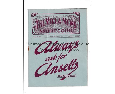 ARSENAL Programme for the away League match v Aston Villa 14/3/1931 in their first Championship season. Slightly creased. Gen