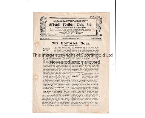 ARSENAL Programme for the home League match v Aston Villa 25/3/1922, punched holes replaced and horizontal fold. Fair